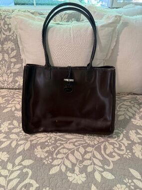 Brown Longchamp Roseau Patent Leather Tote with Silver Bamboo Toggle